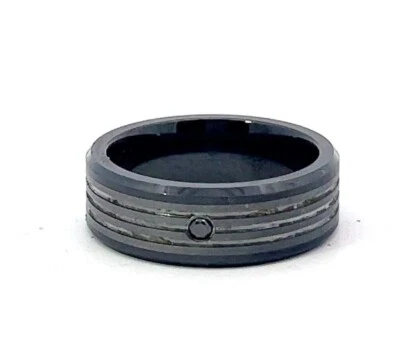 Tungsten & Ceramic .04ct Dyed Black Genuine Diamond Triple Groove 8mm Band Ring - Image 1 of 4