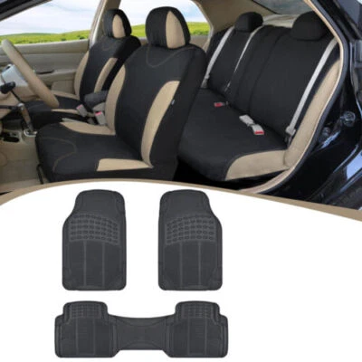 Black and Beige Cloth Car Seat Covers & Car Rubber Floor Mats - 11 Piece Set - Image 1 of 4