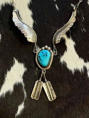 复古美洲原住民纯银蓝色绿松石羽毛翅膀项链 — 第 1/4 张图片