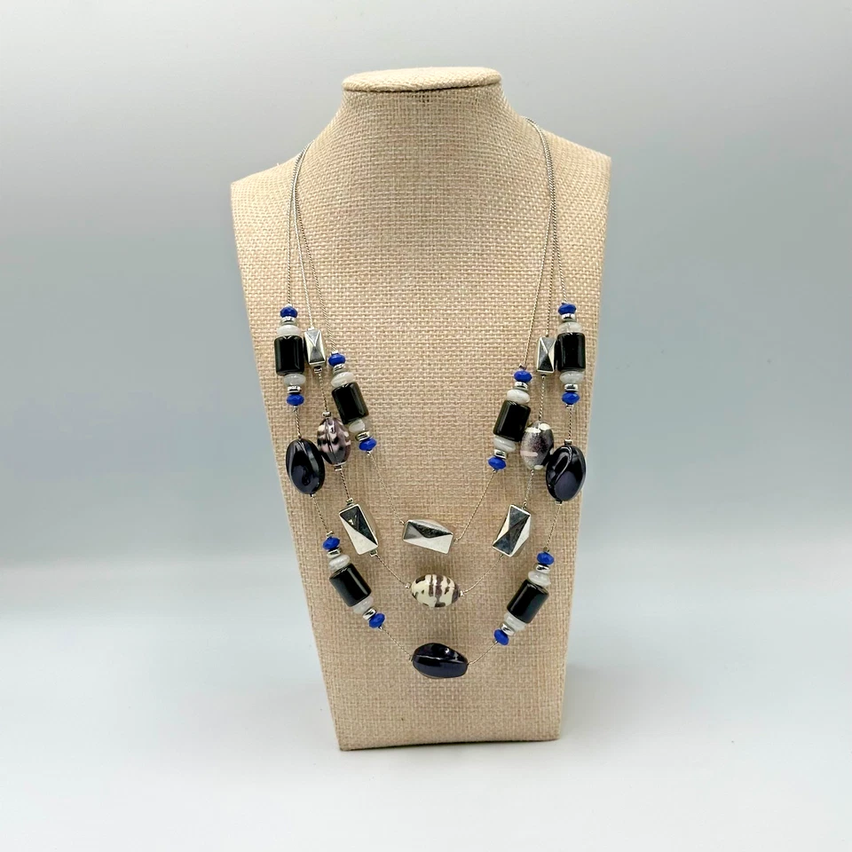 "Collar colección NY multi hilos tono plata negro azul cuentas en capas 20""" Foto 1 de 4