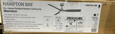 Hampton Bay Marlston 52 in. Indoor/Outdoor Brushed Nickel Ceiling Fan New - Image 1 of 2