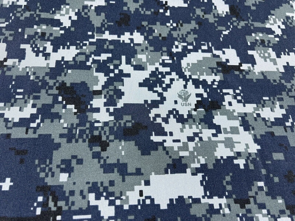 Navy Digital Camo Taffeta Soft Polyester Fabric 60”  Military Camo W/Logo - Image 1 of 3