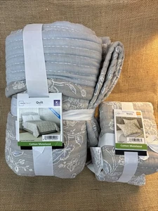 3 Stück Matelasse bedruckte blaue Chinoiserie 100 % Baumwolle Quilt King Size mit Kissenbezügen - Bild 1 von 6