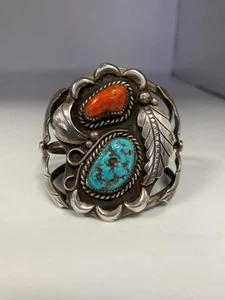 Vintage CJ Navajo Sterling Silver Turquoise & Coral Cuff Bracelet - Picture 1 of 1