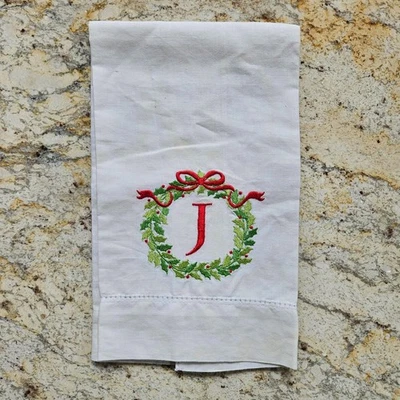 Toalla de mano de vacaciones de lino y algodón monograma "J" corona bordada 21x14,5 Foto 1 de 4