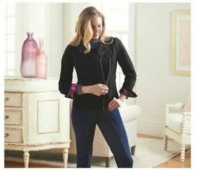 Jaqueta de motocicleta Isaac Mizrahi feminina couro camurça preta tamanho 8 627 - Imagem 1 de 4