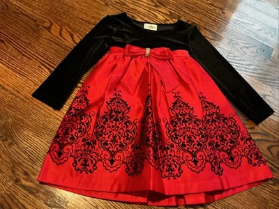Vestido de fiesta satinado terciopelo negro rojo ediciones raras para niñas talla 5 forma de lazo flocado Foto 1 de 2