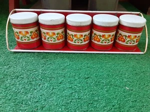 VTG 70s Spice Set Of 5 Metal Tins W/ Hanging Rack Made In Brazil - Picture 1 of 16