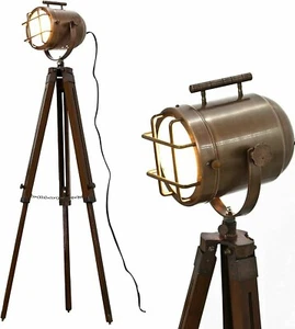 Antique Brass Floor Lamp Nautical Spotlight Searchlight Wooden Tripod Stand - Picture 1 of 4