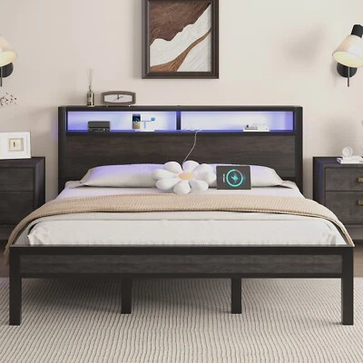 Full/Queen/King Metal Bed Frame with Storage Headboard and Charging Station - Image 1 of 4