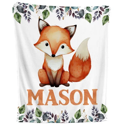 EMILY MAE CREATIONS Fox Blanket - Personalized Fleece Throw, Woodland Theme Kids Baby Gift