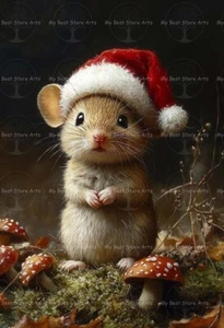 CHRISTMAS MOUSE ART PRINT, Rat Santa Hat Poster, Holiday Cottagecore Decor E780 - Picture 1 of 2