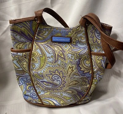 Bolso de Mano Longaberger Pequeño Azul y Verde Cachemira, Borde y Asas de Cuero Sintético, Usado en Excelente Condición Foto 1 de 4