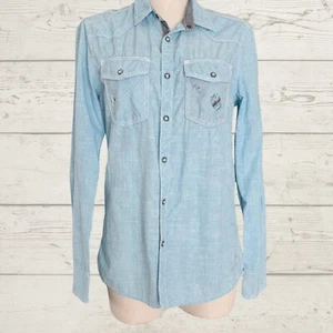 BKE Vintage Shirt Mens S Athletic Fit Long Sleeve Pearl Snap Down Blue Buckle - Picture 1 of 5
