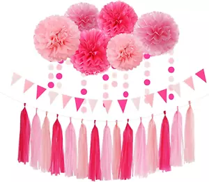 Rose Hot Pink Party Decorations - 23Pcs Girl Birthday Baby Shower Tissue Pom Pom - Picture 1 of 7