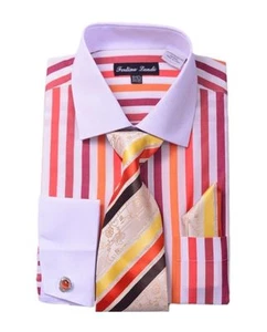 Men's French Cuff Striped Dress Shirt w/ Matching Tie & Hanky Set #629 - Picture 1 of 7