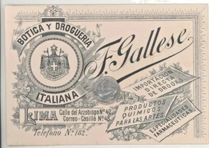 1903 LIMA PERU F. GALLESE ITALY ADVERTISING TRADE CARD PHARMACY Italiana DRUGS - Picture 1 of 1