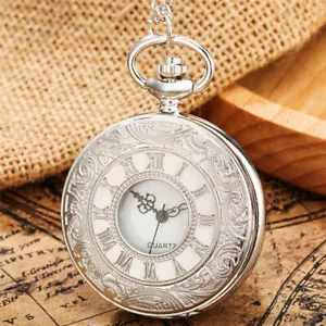 Steampunk Antique Silver Unisex Quartz Pocket Watch Necklace Chain Half Hunter - Picture 1 of 8