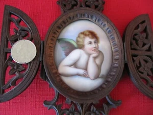 Fine Antique Hand Painted Porcelain Cherub/Angel Plaque-KPM?-Ornate Wood Frame - Picture 1 of 6
