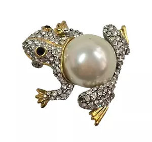 Broche prendedor vintage de diamantes de imitación de sapo rana con vientre de perlas de imitación tono dorado raro - Imagen 1 de 13