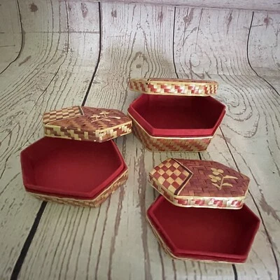 复古中国藤竹嵌套盒花卉编织容器 (3 件套) — 第 1/4 张图片