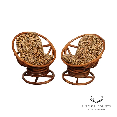 Clark Casual Mid Century Modern Pair Rattan Swivel Lounge Chairs Cover