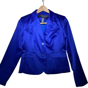 Womens Apostrophe Royal Blue Stretch Satin NYE Cocktail Party Blazer Size 4 - Picture 1 of 14