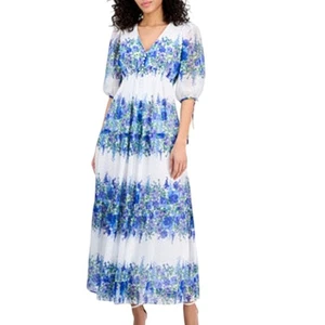 Taylor Blumen Maxikleid blau gesmokte Taille V-Ausschnitt Flatterärmel Gr. 10 neu - Bild 1 von 11