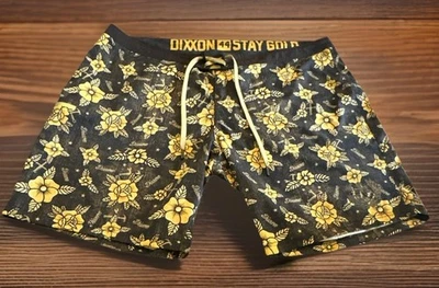 Dixxon Stay Gold Board Shorts Surf Trunks Mens 44 Black Gold Hibiscus Floral - Image 1 of 4