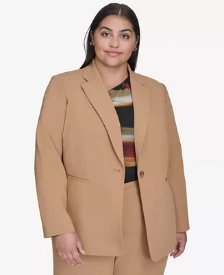 Chaqueta Blazer DKNY Para Mujer Talla Grande Cuello Muescas Un Botón Marrón Camel 24W Foto 1 de 4