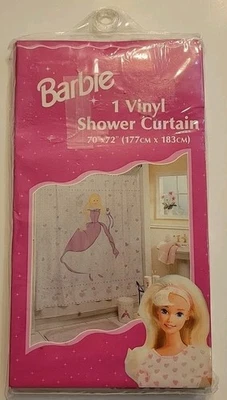 Vintage Barbie Shower Curtain 70 x 72" Pink & White Vinyl Blonde Pink Dress New - Image 1 of 4