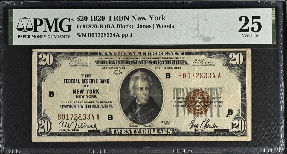 1929 $20 Federal Reserve Bank Note New York NY Fr. 1870-B Jones Woods PMG VF25 - Image 1 of 2
