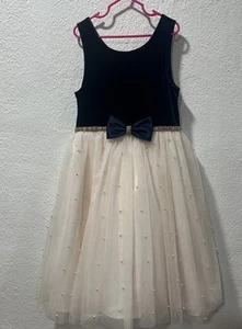 American Princess Girls Holiday Dress Sz 8 Blue Velour Beige Tulle Skirt Pearls - Picture 1 of 16
