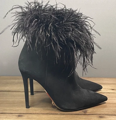 Michael Kors 女式 Whitby 羽毛 Shooties 尺码 6.5 黑色麂皮绒拉链高跟鞋 — 第 1/4 张图片