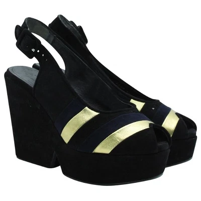 Сандалии на танкетке Sonia Rykiel Robert Clergerie размер 39 черные сине-золотистые замшевые с открытым носком - Изображение 1 из 4