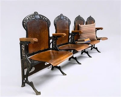 4 Wood Iron Folding Theater Seats, Auditorium Seats, Entryway Bench, D8 - Image 1 of 4