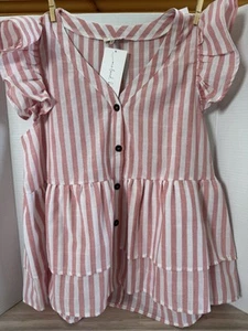 Jodifl Wm Sz L Pink/White Stripe 100% Cotton Short Sleeve Tiered Ruffle Blouse - Picture 1 of 7