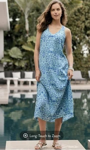 J. Jill Women's Blue Floral 100% Linen Sleeveless V-Neck A-Line Maxi Dress XL - Picture 1 of 9