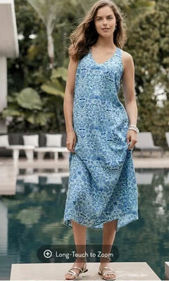 Maxi Vestido Para Mujer J. Jill Azul Floral 100% Lino Sin Mangas Cuello en V Línea A XL Foto 1 de 4