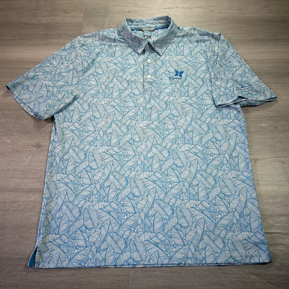 Cutter & Buck Kapalua Polo 衫男式 XL 蓝叶印花 CB DryTec 高尔夫 UPF — 第 1/4 张图片