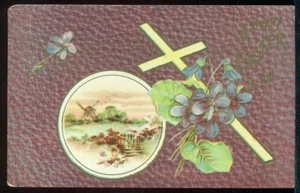Windmill Country Scene Violets Cross Vintage A Happy Easter To You 1912 Postcard - Picture 1 of 1