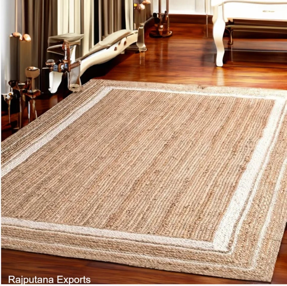 Handmade Natural Jute Rug, Solid Border jute rug, custom size rug, Braided rug, - Image 1 of 4