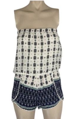 LF INTO NAVY BLUE & WHITE PRINT STRAPLESS ROMPER JUMPSUIT, 2 LAYERS, SIZE SMALL - Image 1 of 4