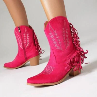 Womens Embroidery Faux Suede Side Zip Casual fringe Ankle Boots Western Shoes SZ - Image 1 of 4