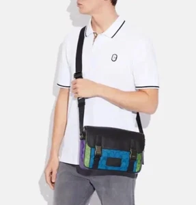 NEW $428 Coach Men Track Bag Messenger Purple Blue BLACK Racer Work School C9839 - Picture 1 of 19