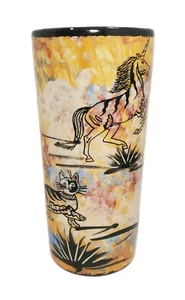 Vtg 84' Mana Pottery Trujillo Apache Native Tumbler Vase 6½ Unicorn & Cat Design - Picture 1 of 12