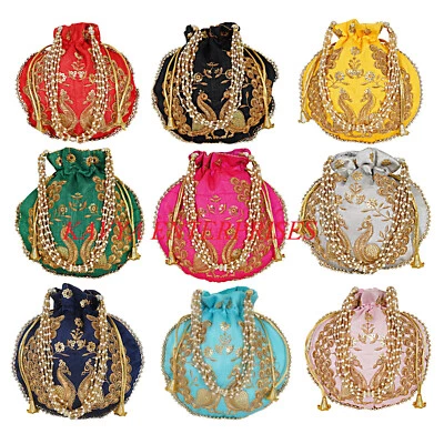 Indian Women Bride Bag Embroidery Wedding Potli Designer Silk Girls Purse Ethnic - Image 1 of 4