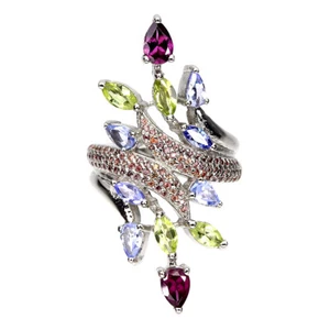 Summer 925 Silver Ring Pear Rhodolite Garnet Peridot Sapphire Tanzanite Size 8 - Picture 1 of 9
