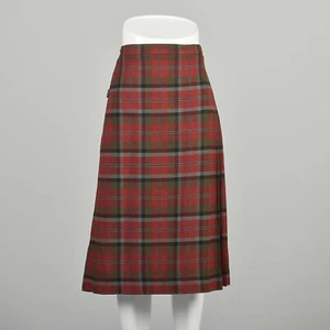Small 1980s Burberrys Wool Wrap Skirt Red Green Plaid Adjustable Buckle Midi - Picture 1 of 10