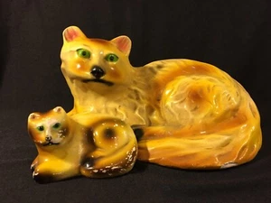 Vtg Chalkware Cat And Kitten Figure Statue Carnival Prize Yellow Green Eyes - Picture 1 of 12